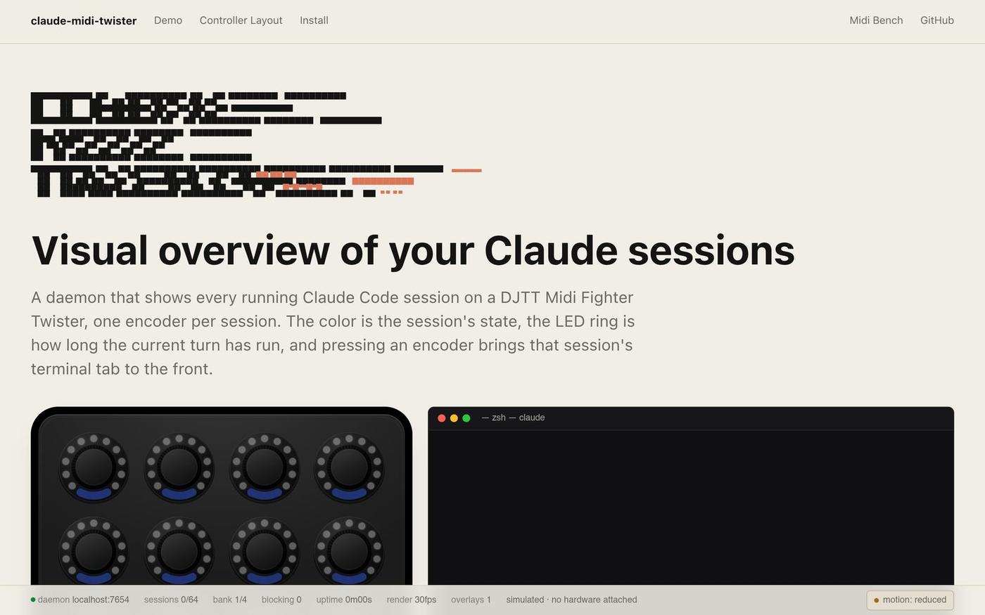 claude-midi-twister — Claude Code sessions on a Midi Fighter Twister — screenshot