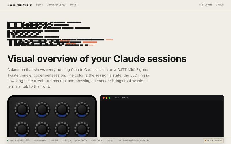 claude-midi-twister — Claude Code sessions on a Midi Fighter Twister — screenshot
