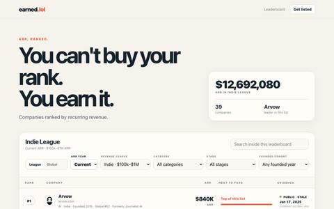 Earned.lol — ARR Leaderboard — screenshot