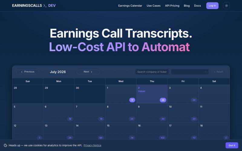 Earnings Call Transcripts - Read for Free, Automate with API | EarningsAPI — screenshot