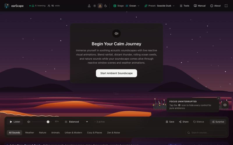 earScape | Animated Ambient Sound Mixer – Study, Sleep & Focus — screenshot