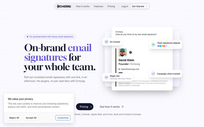 Email signature management for teams, EU-hosted | Echosig — screenshot