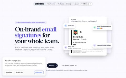Email signature management for teams, EU-hosted | Echosig — screenshot