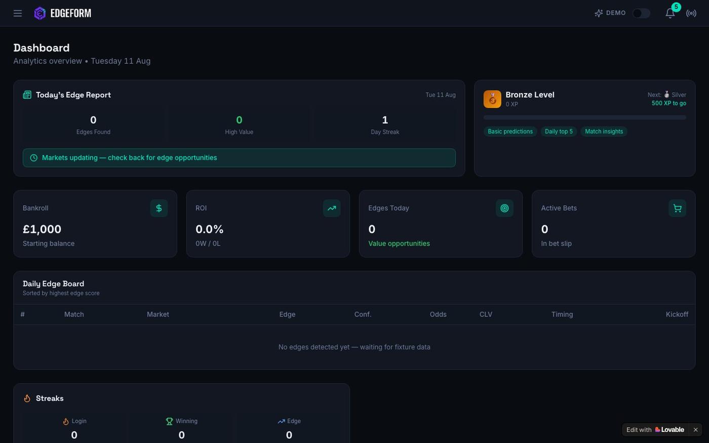 EDGEFORM — AI-powered sports analytics platform — screenshot