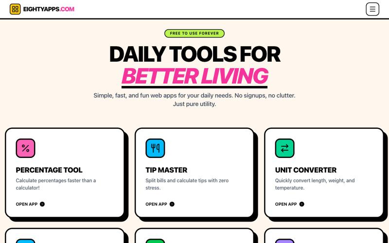 Eighty Apps - Free Online Calculators, Converters & Daily Tools — screenshot