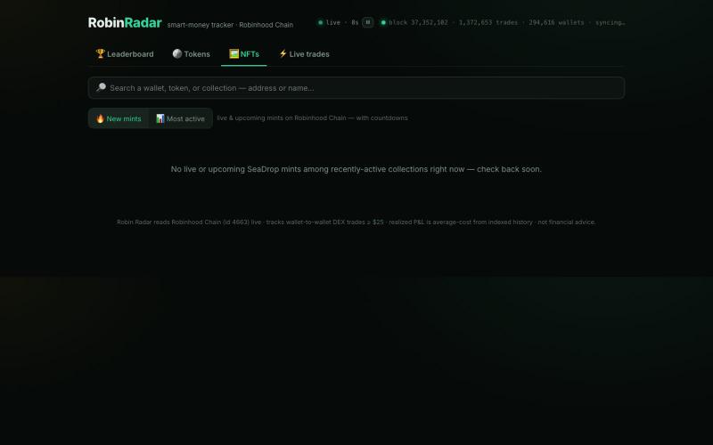 Robin Radar — Robinhood Chain smart-money tracker — screenshot