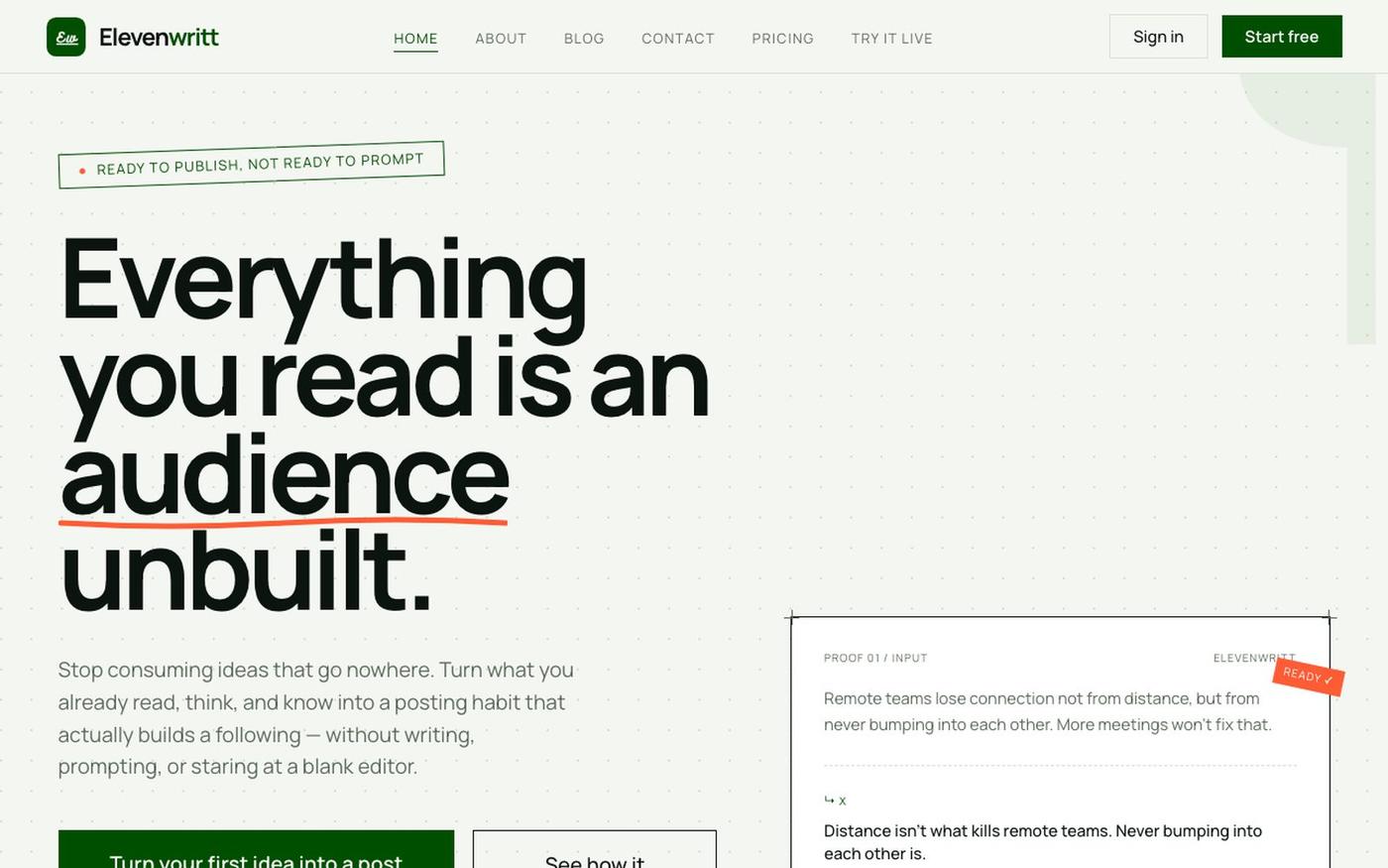 Elevenwritt - Turn Ideas Into Consistent Content — screenshot