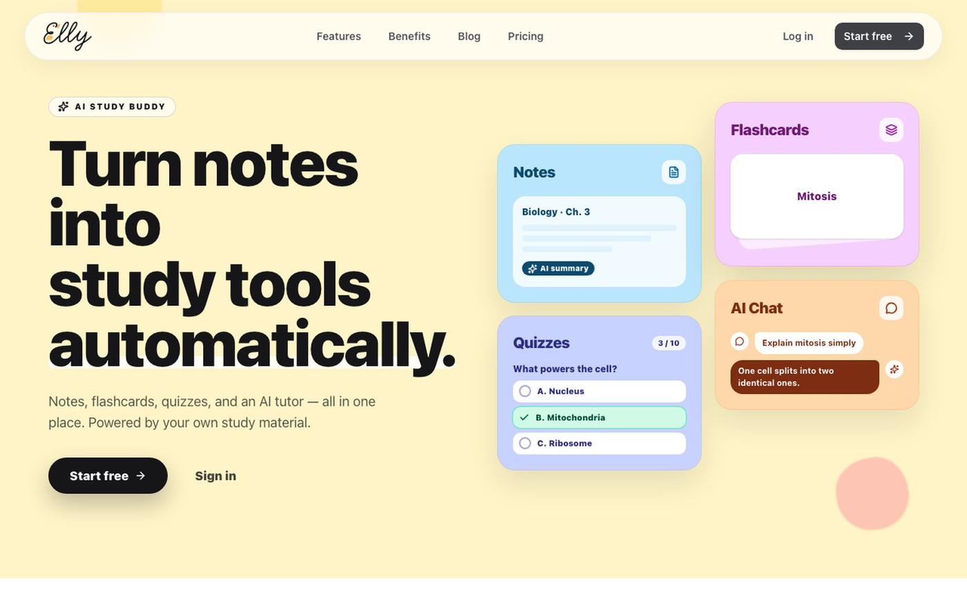 AI Flashcards, Quizzes & Study Tools | Elly Notes — screenshot