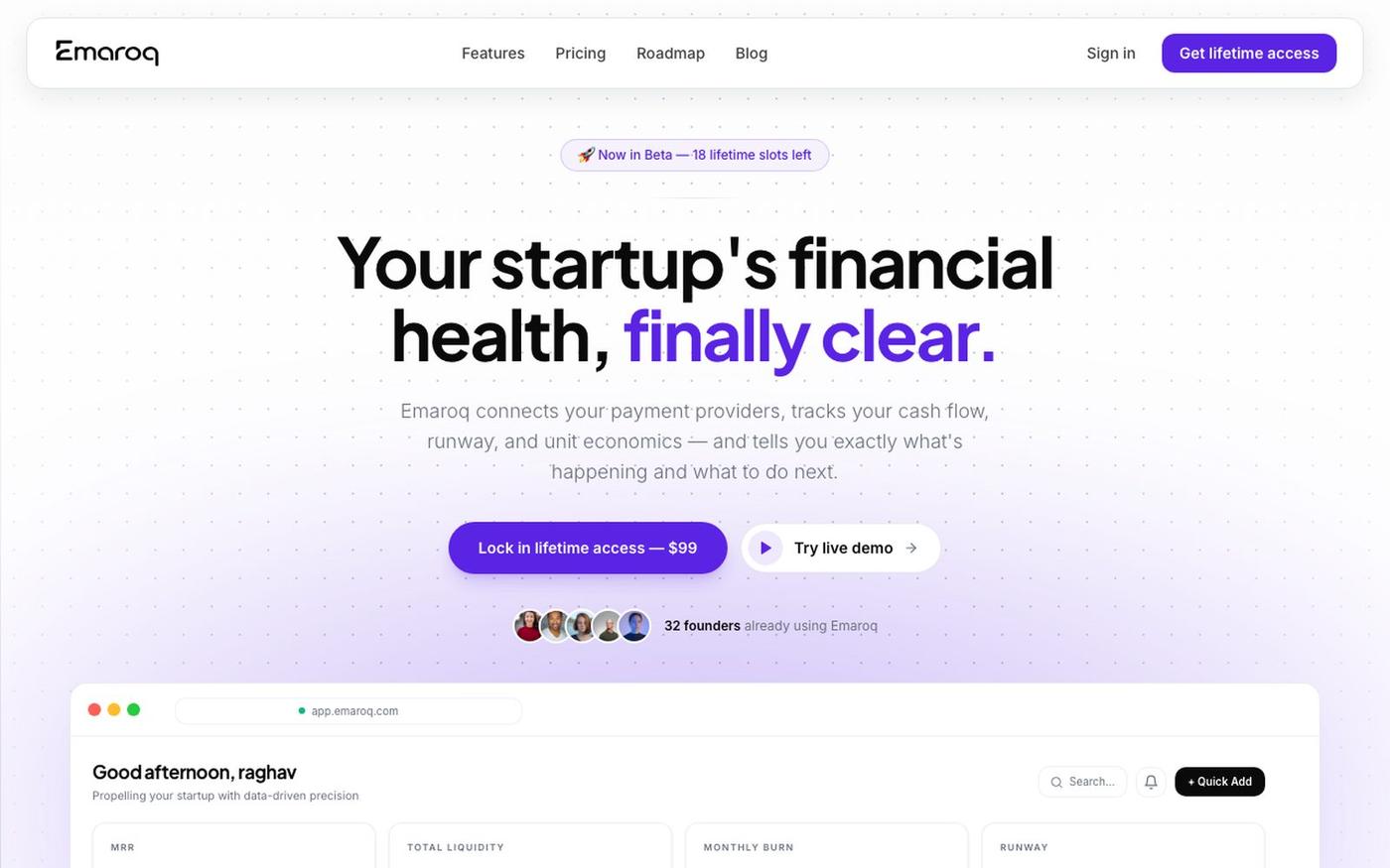 Emaroq - Financial clarity for startup founders — screenshot