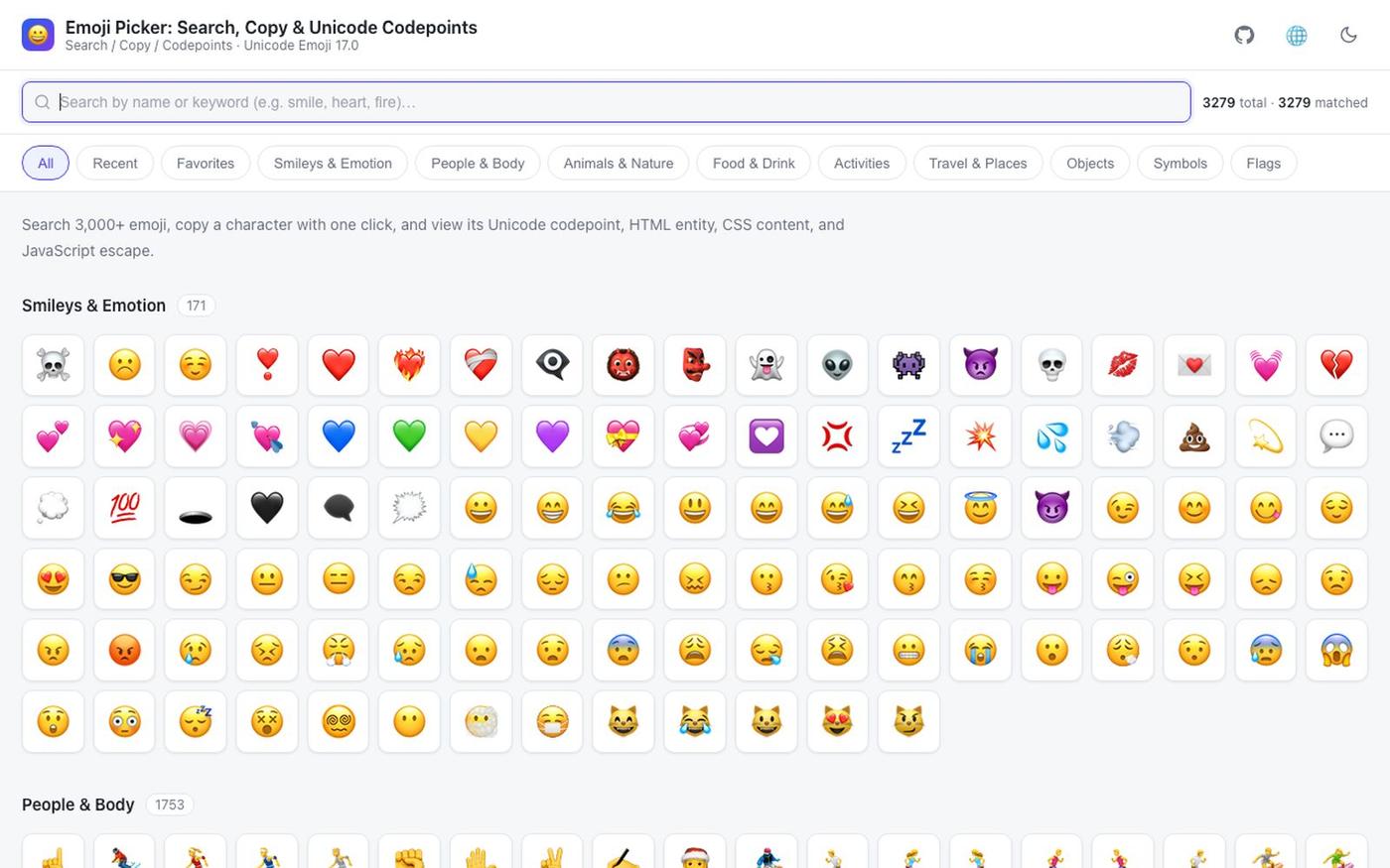 Emoji 选择器:搜索、复制与 Unicode 码点查询 — screenshot