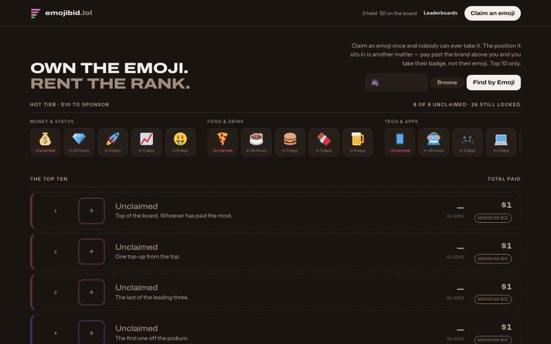 emojibid - 1,382 emoji, one owner each — screenshot