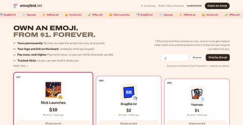 emojibid - 1,382 emoji, one owner each — screenshot