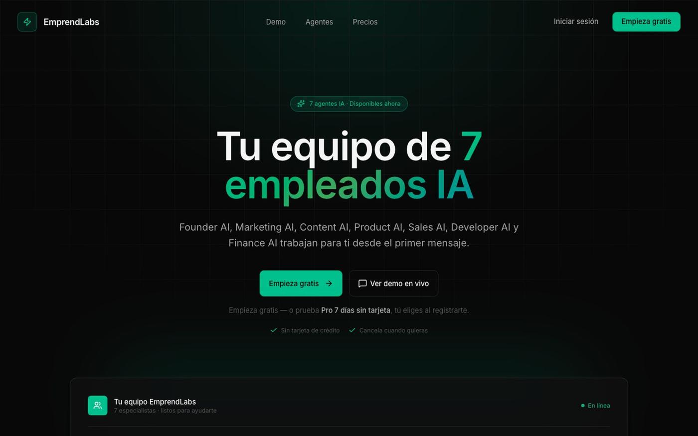 EmprendLabs — Tu equipo de 7 empleados IA — screenshot