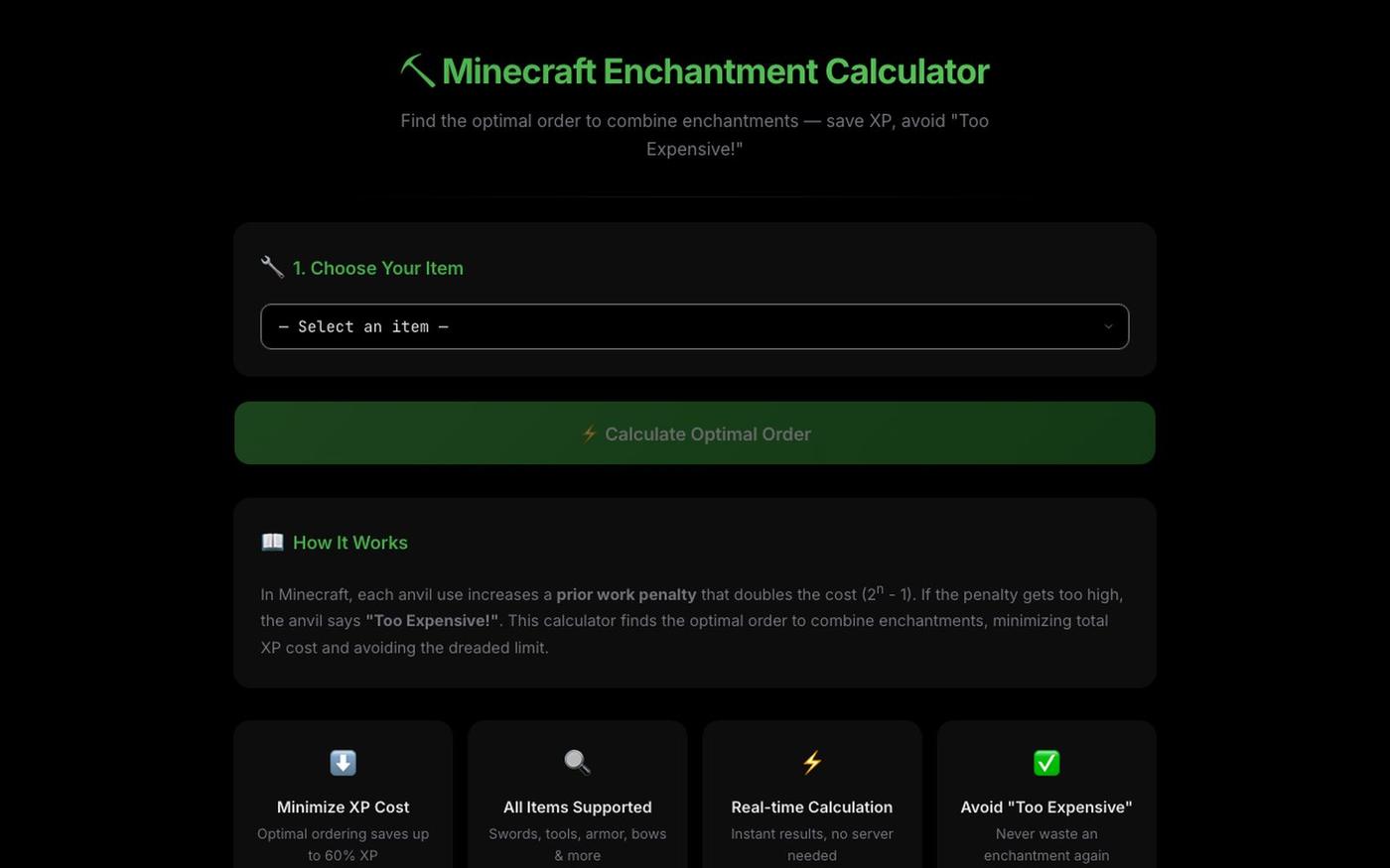 Minecraft Enchantment Calculator – Find the Optimal Anvil Order — screenshot