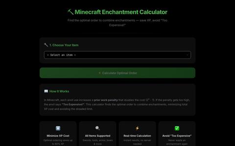 Minecraft Enchantment Calculator – Find the Optimal Anvil Order — screenshot