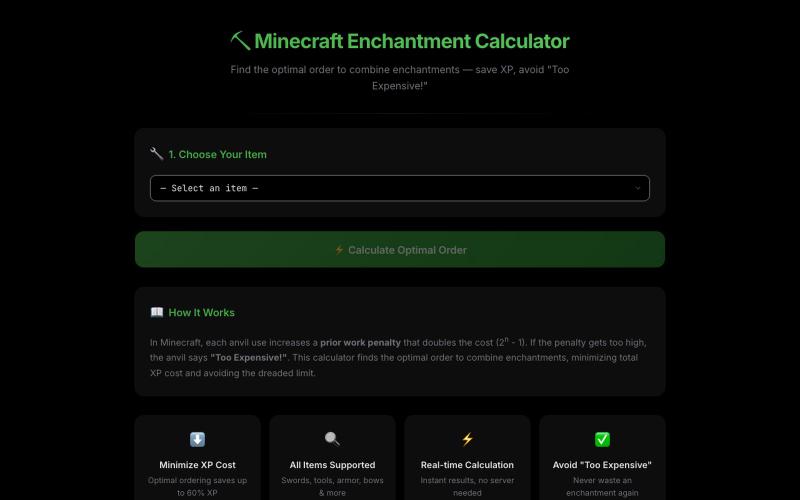 Minecraft Enchantment Calculator – Find the Optimal Anvil Order — screenshot