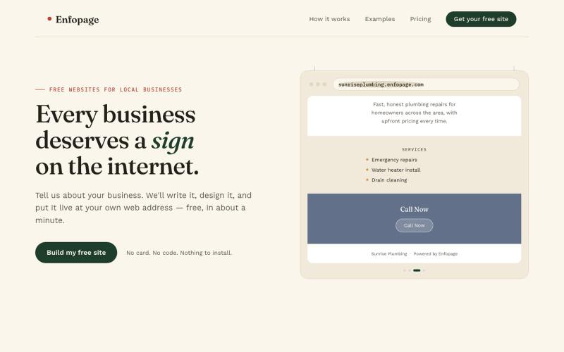 Enfopage — Every business deserves a sign on the internet — screenshot