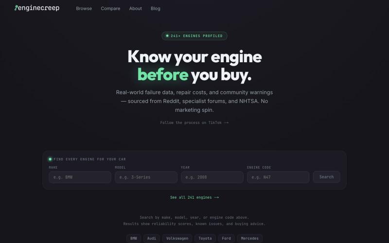 enginecreep Real Engine Reliability Data — screenshot