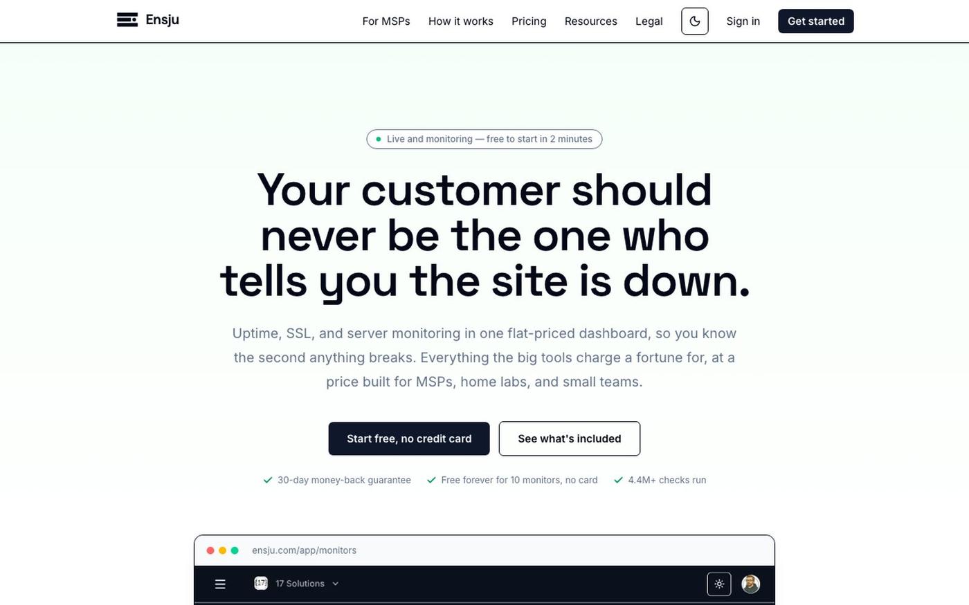 Ensju: Affordable uptime, SSL & server monitoring — screenshot
