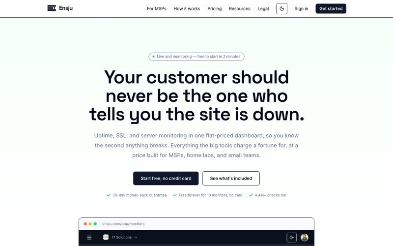 Ensju: Affordable uptime, SSL & server monitoring — screenshot