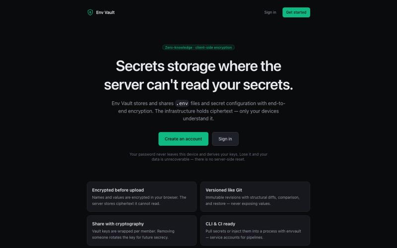 Env Vault — Zero-knowledge secrets storage for developers — screenshot