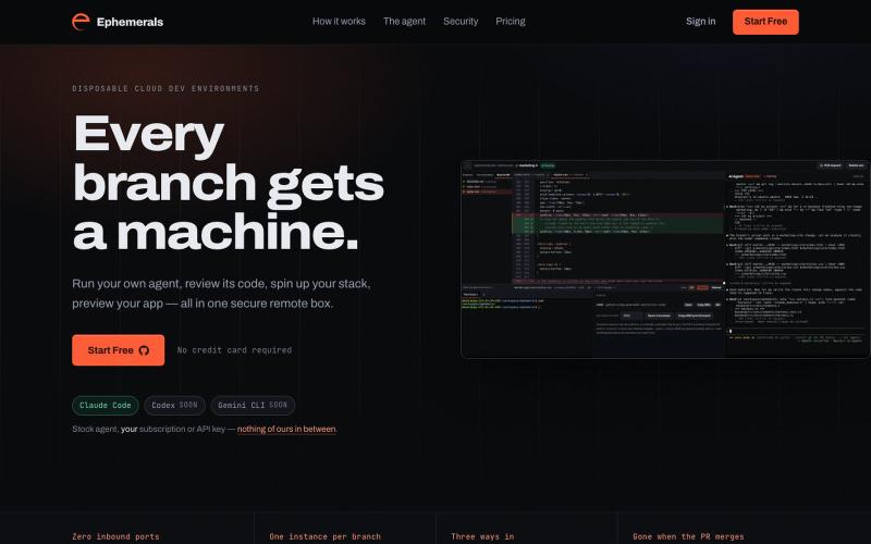 Ephemerals — a cloud machine per branch, with an agent already on it — screenshot