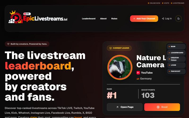 Epic Livestreams.lol | Discover and boost live creators — screenshot