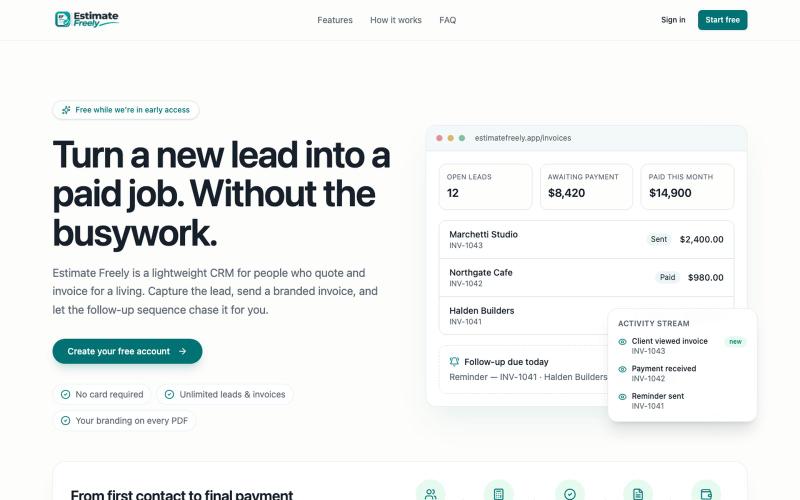 Estimate Freely — Leads, branded invoices & follow-ups — screenshot