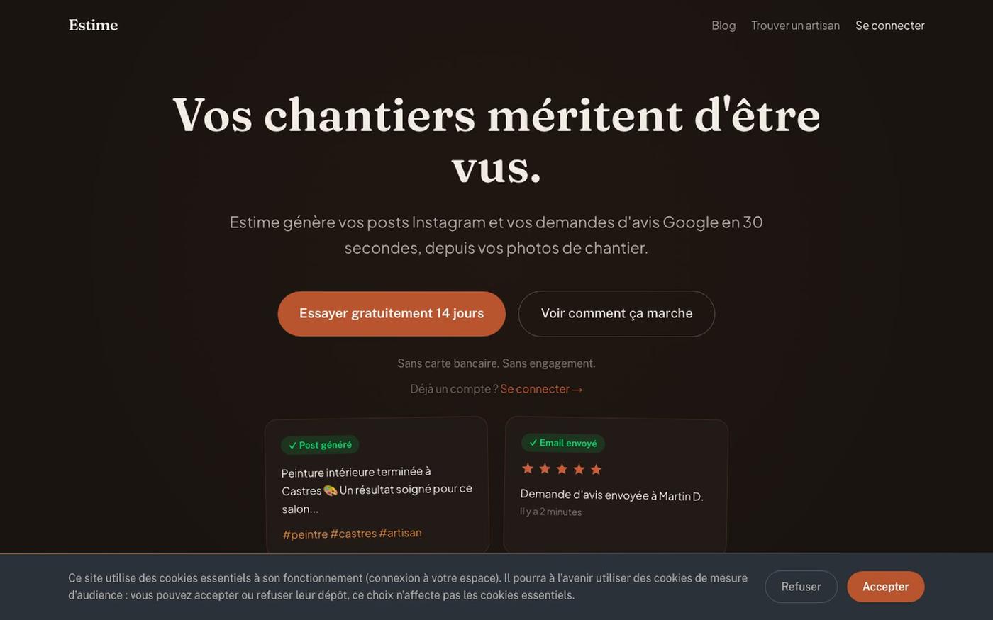 Estime — L'app Instagram et avis Google pour artisans BTP — screenshot