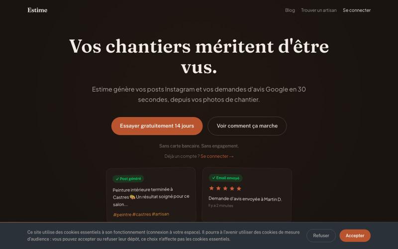 Estime — L'app Instagram et avis Google pour artisans BTP — screenshot