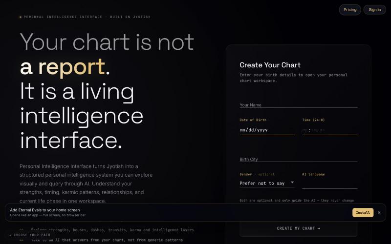 Eternal Evals — Personal Intelligence Interface, built on Jyotish — screenshot