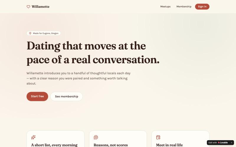 Willamette — Curated Dating in Eugene, Oregon — screenshot