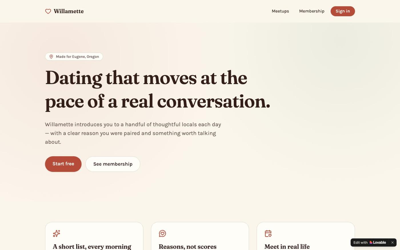 Willamette — Curated Dating in Eugene, Oregon — screenshot