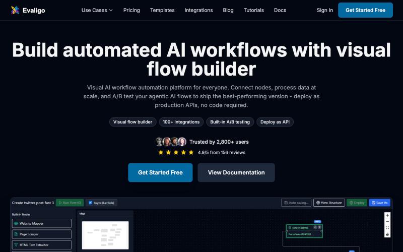 AI Workflow Builder & App Creator Platform | No-Code AI Automation | Evaligo — screenshot