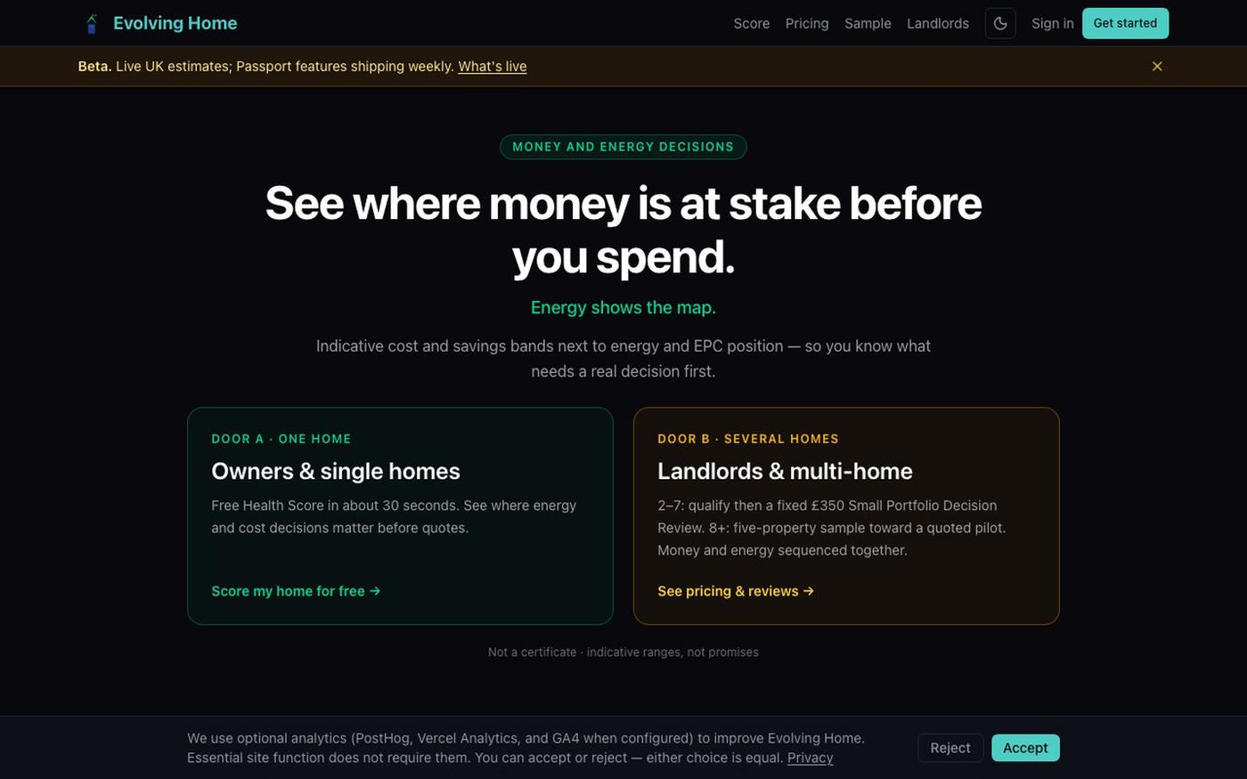 Evolving Home — Money & energy decisions for UK homes — screenshot