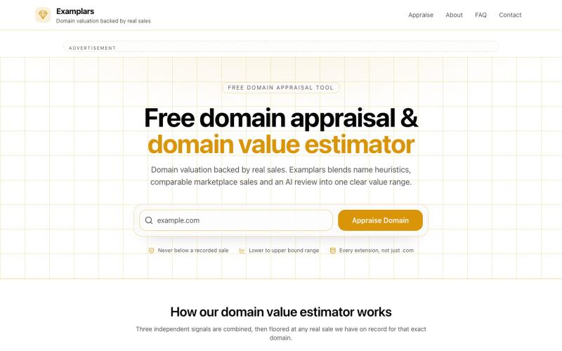 Free Domain Appraisal & Domain Value Estimator | Examplars — screenshot