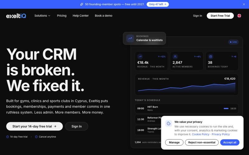 Exeltiq — CRM for Gyms, Clinics & Sports Clubs in Cyprus — screenshot