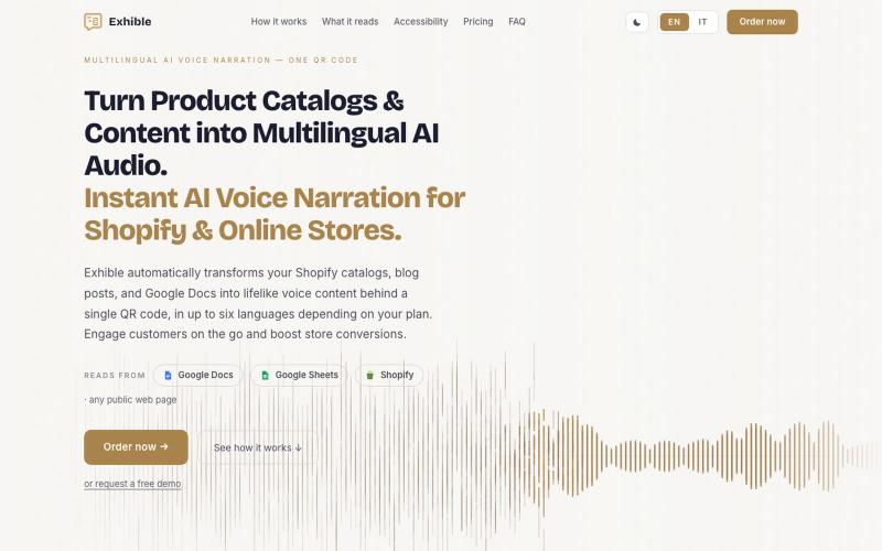 Exhible — AI Voice Narration for Shopify & Business Content — screenshot