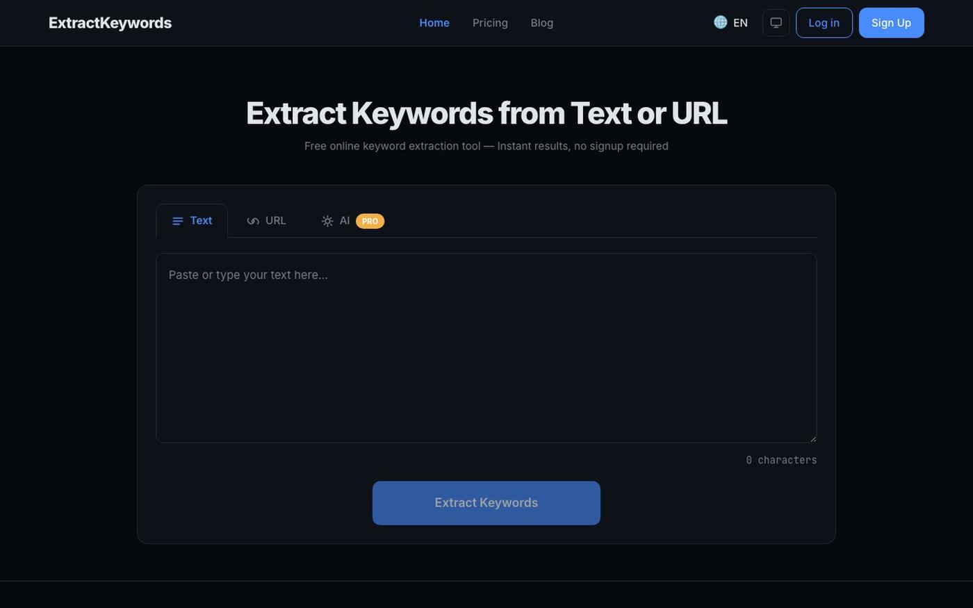Extract Keywords from Text & URL — Free | ExtractKeywords — screenshot