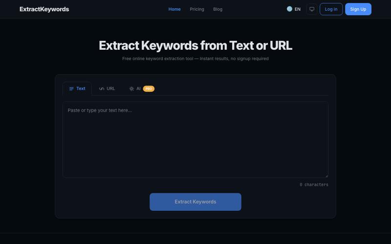 Extract Keywords from Text & URL — Free | ExtractKeywords — screenshot