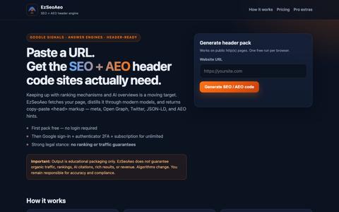 EzSeoAeo — Instant SEO + AEO Header Code for Any URL | Free First Pack — screenshot