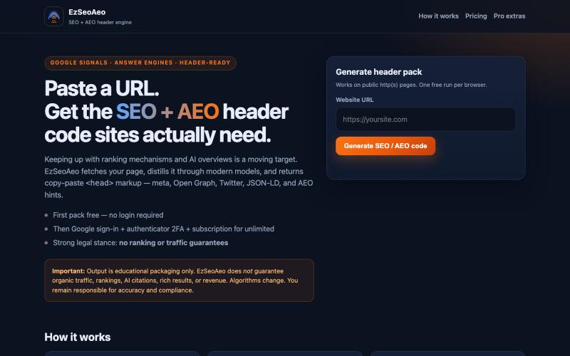 EzSeoAeo — Instant SEO + AEO Header Code for Any URL | Free First Pack — screenshot