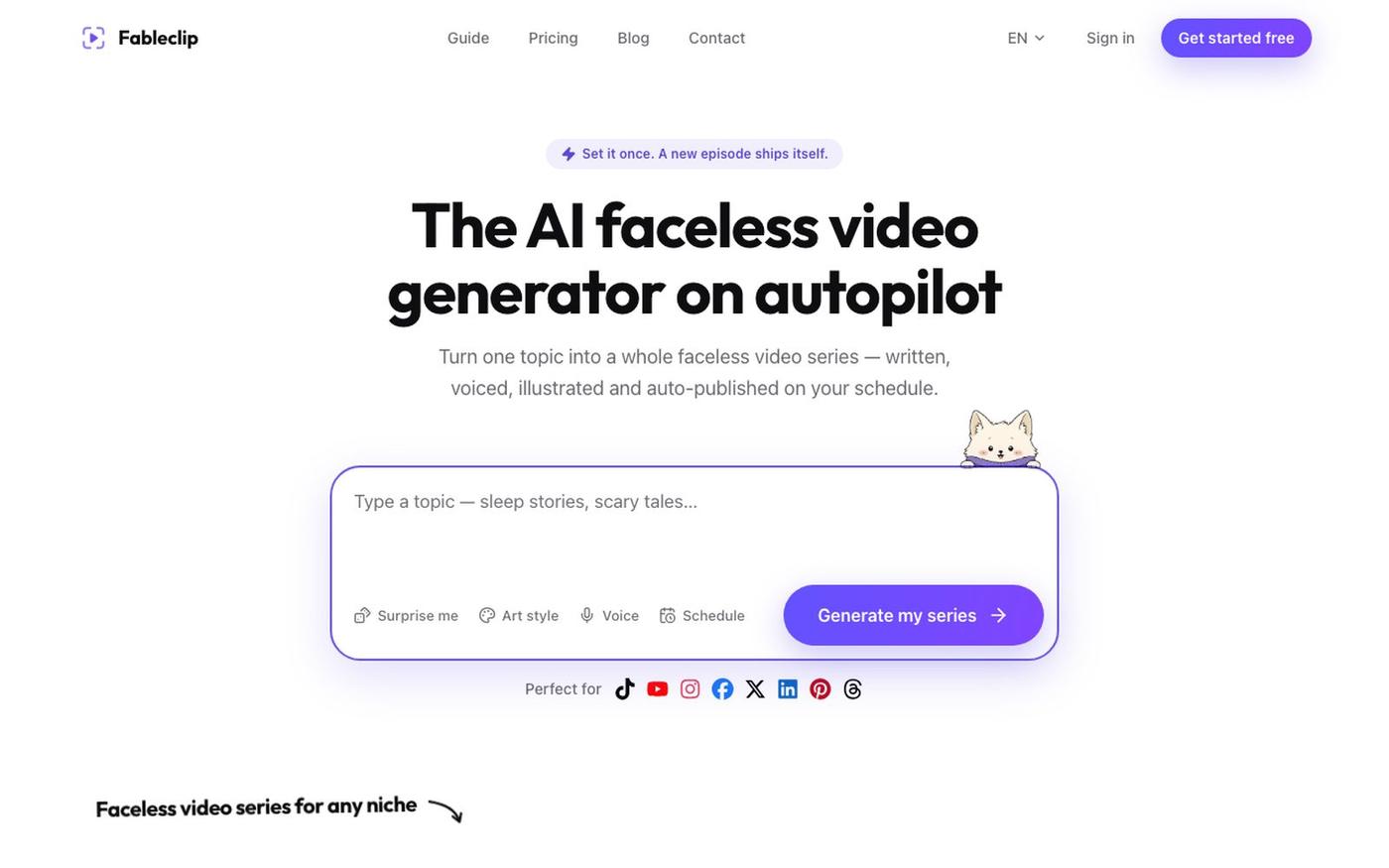 AI Faceless Video Generator on Autopilot | Fableclip — screenshot