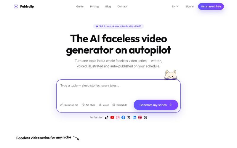 AI Faceless Video Generator on Autopilot | Fableclip — screenshot