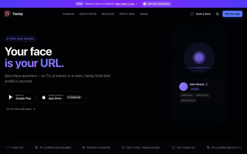 Faciey — The Link in Bio That Recognises Faces — screenshot