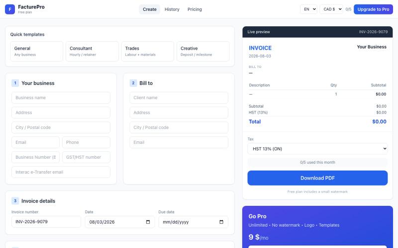 FacturePro – Free Canadian Invoice Generator — screenshot