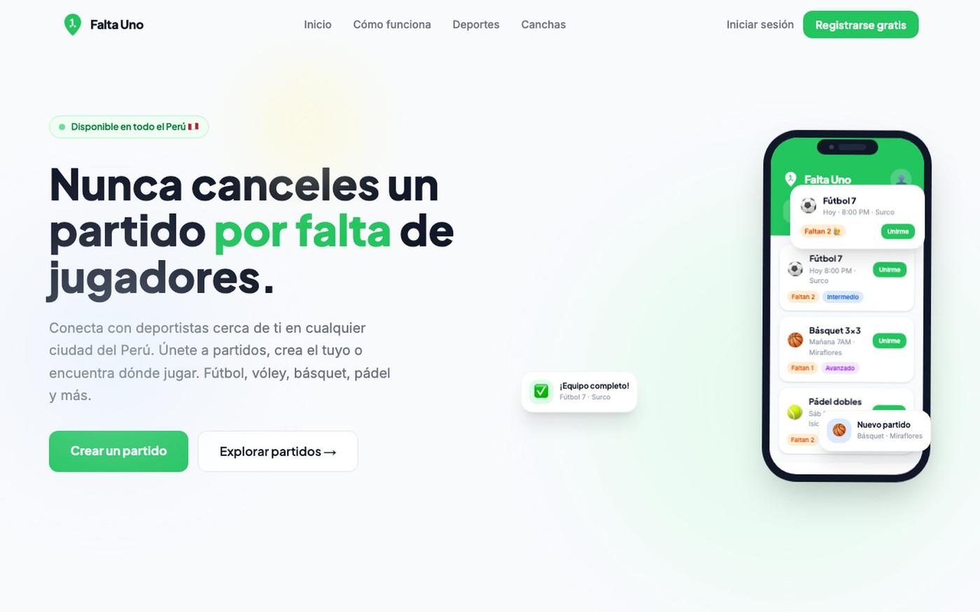 FaltaUno.pe — Encuentra tu partido en Perú — screenshot