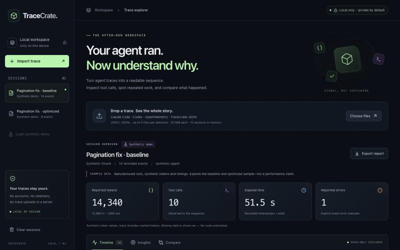 TraceCrate — understand your AI agent runs — screenshot