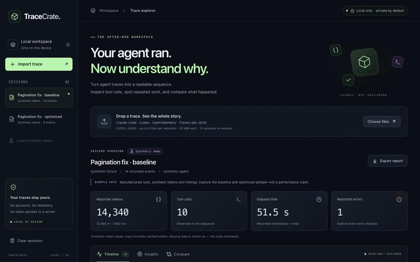 TraceCrate — understand your AI agent runs — screenshot