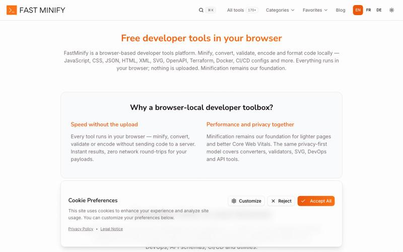 FastMinify — Developer Tools Online (Minify, Convert… — screenshot